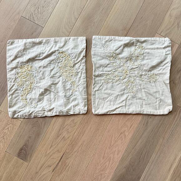 Set of 2 Linen Mother of Peal Seahorse and Starfish Pillow Covers 15x15 - Picture 1 of 8